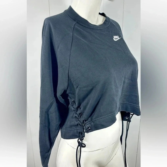 Nike Black Cropped Crop Pullover Crew Neck Dolman Sweatshirt waist String sz S - Picture 3 of 7